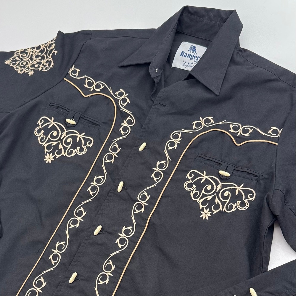 Rangers Legend Mens Black Embroidered Western‎ Cowboy Shirt Small Long Sleeve